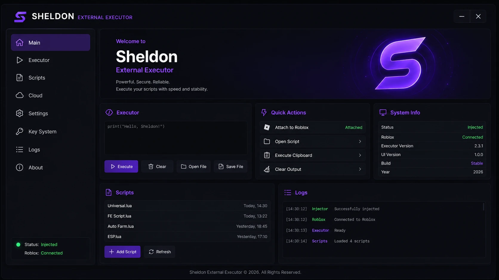 Sheldon External Executor interface — Main dashboard with script editor, quick actions, scripts library and system info